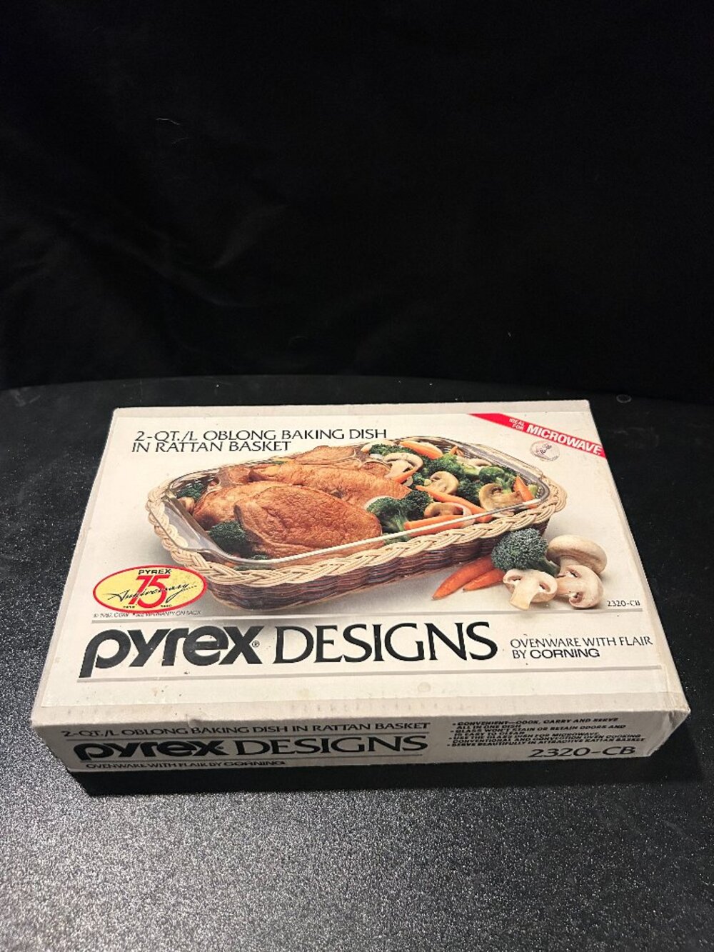 Vintage 1990 Pyrex 75th Anniversary 2 Qt Baking Dish Rattan Basket - New in Box